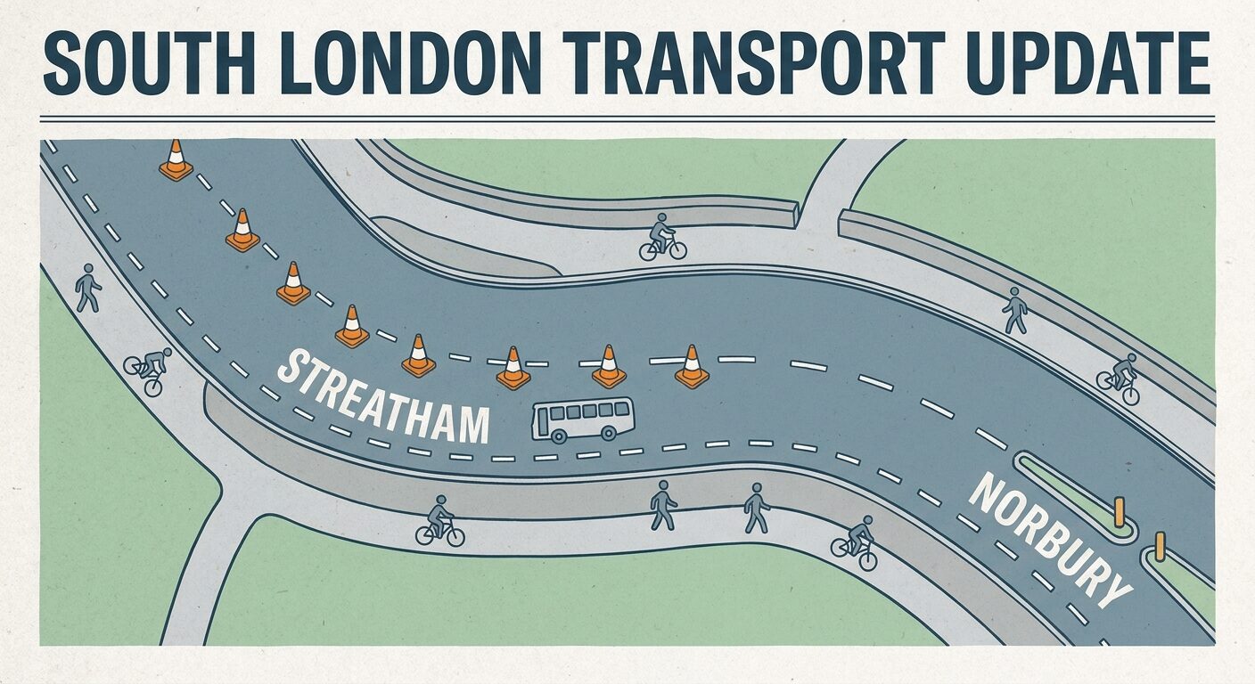 AI-generated editorial illustration of a South London roadworks route with bus lane markings, cones and walking and cycling icons