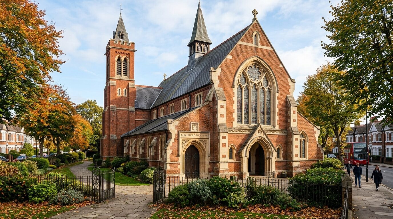 Dignified exterior architectural view of the Grade II listed St Stephen's Church featuring red brick and gothic stone tracery windows under autumn morning light in South London.