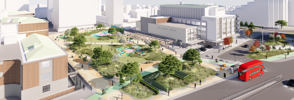 Architectural illustration of the proposed College Green public space between Fairfield Halls and Croydon College