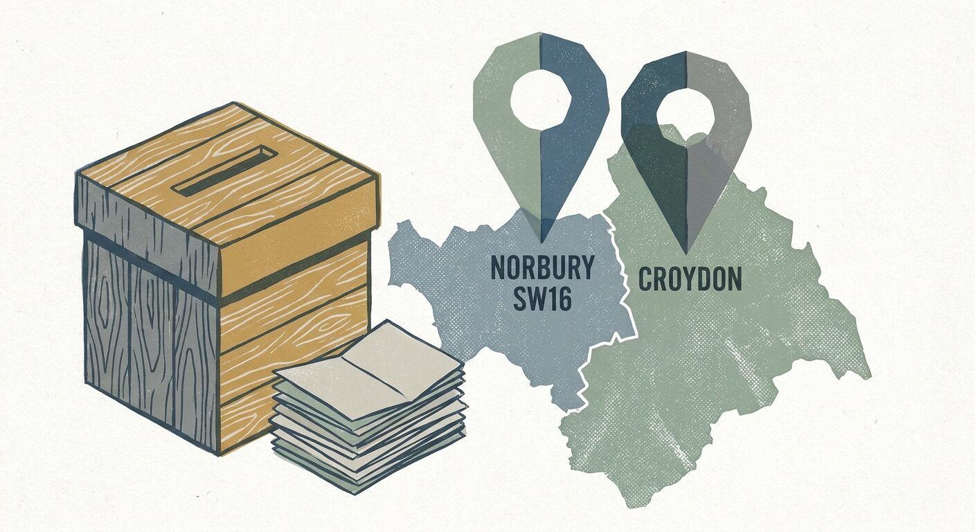 Editorial illustration of a ballot box and map pins representing Croydon, Norbury and Pollards Hill election results