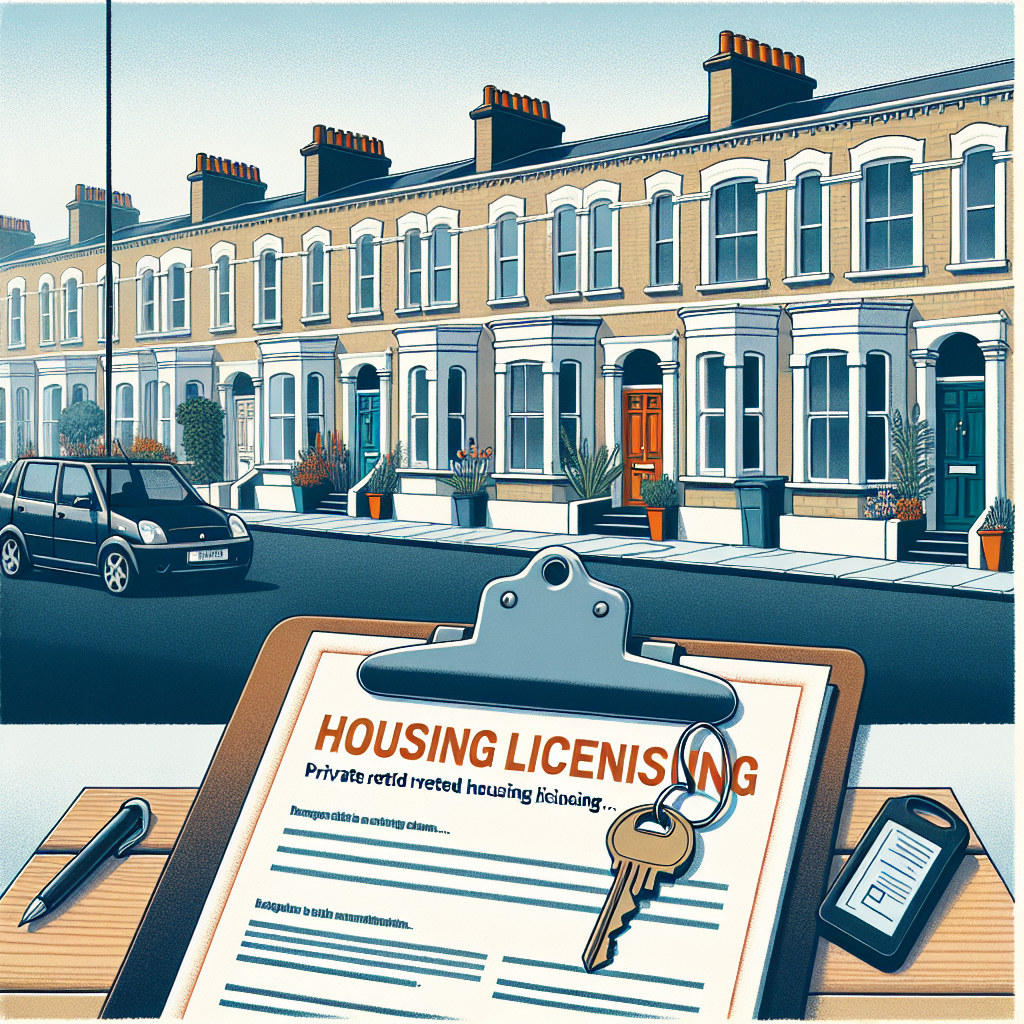 AI-generated editorial illustration of terraced homes with a clipboard and key, representing private rented housing licensing.