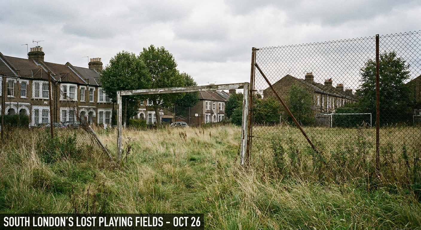An editorial photo representing a quiet South London suburb with overgrown grass and a wire fence.