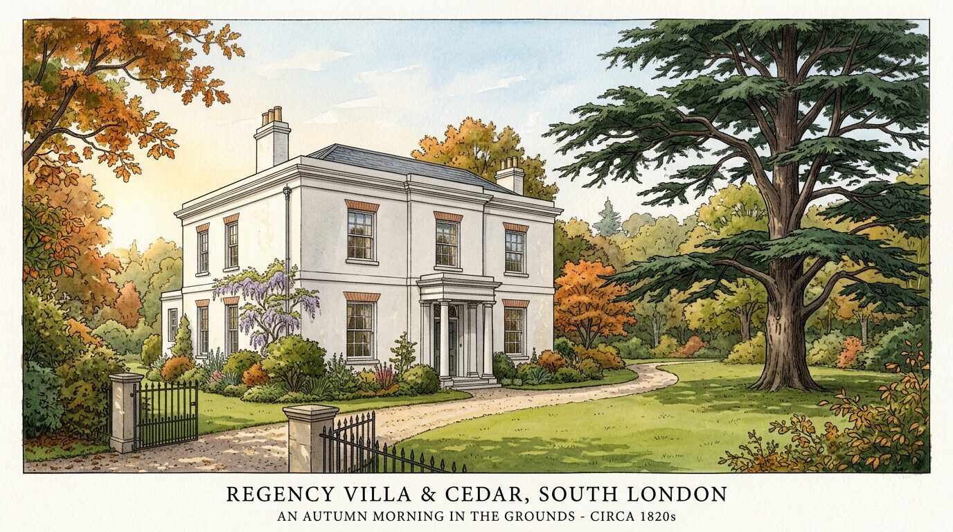Editorial illustration of the historic 1802 Regency stucco Norbury Hall manor surrounded by mature trees and a grand Cedar of Lebanon in autumn sunlight.