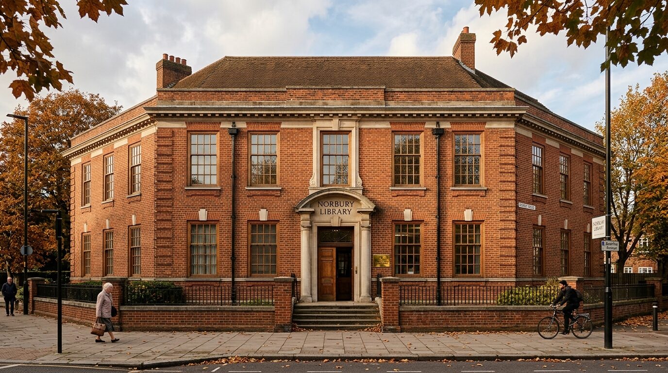 Dignified red-brick interwar civic facade of Norbury Library in South London, showing architectural stone trim and large multi-pane windows under soft autumn light.