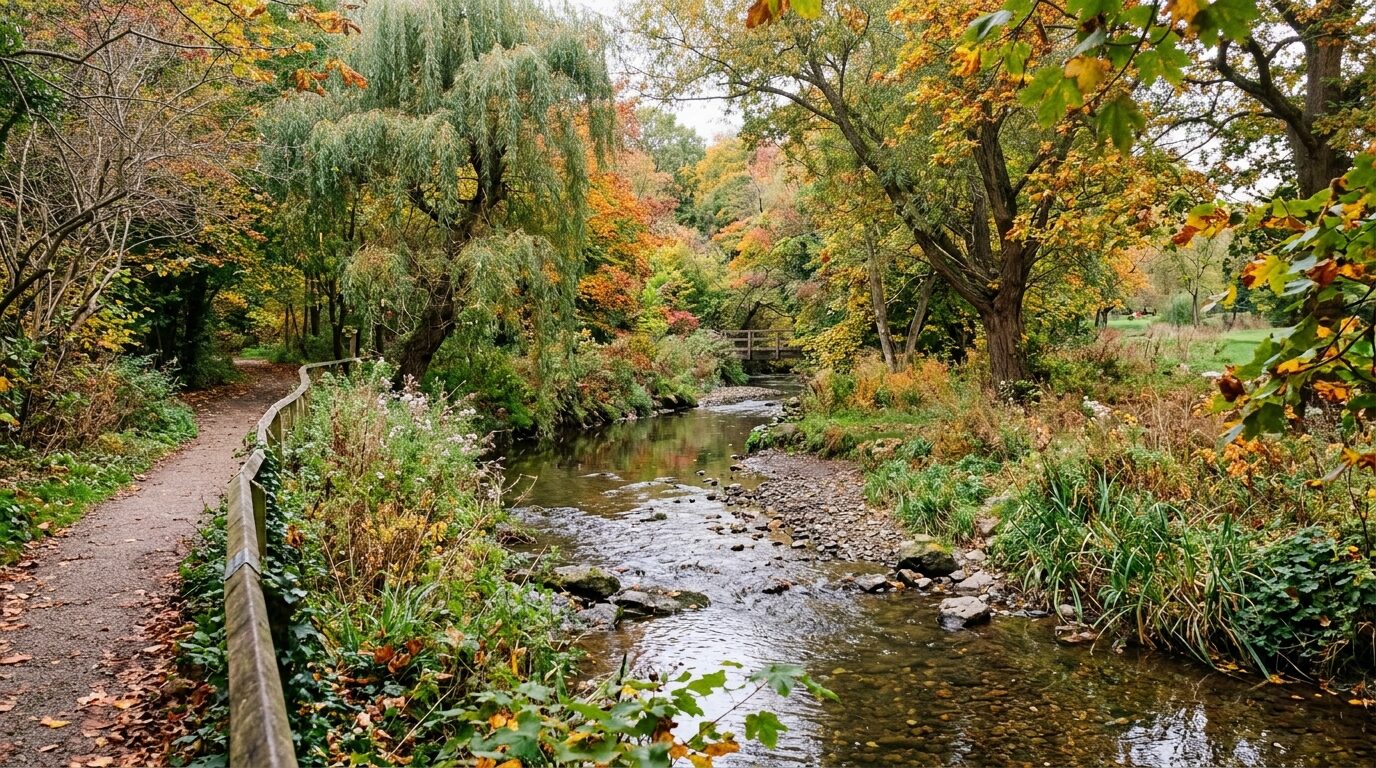 Editorial illustration of the tranquil waters of Norbury Brook flowing through a green suburban channel with weeping willows and autumn trees in South London.