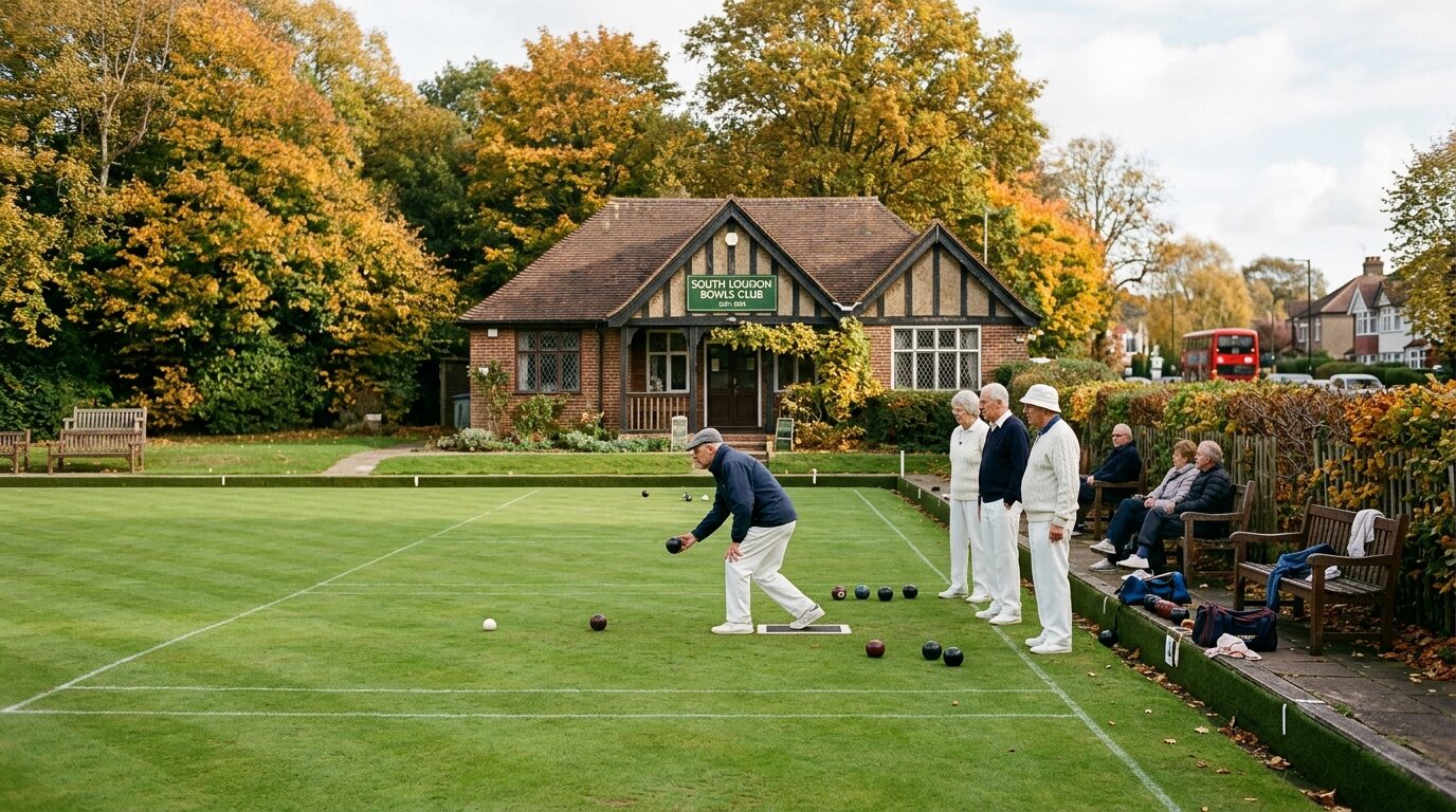Editorial documentary illustration of a manicured historic lawn bowling green on Turle Road in South London on a bright autumn morning with classic pavilion clubhouse in the background.