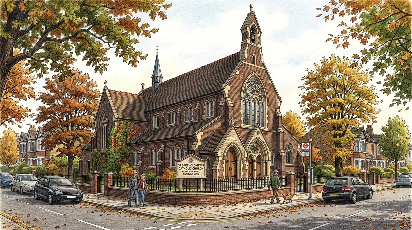 Editorial illustration of the exterior of St Bartholomew's Church on Hepworth Road in Norbury SW16 on an autumn morning.