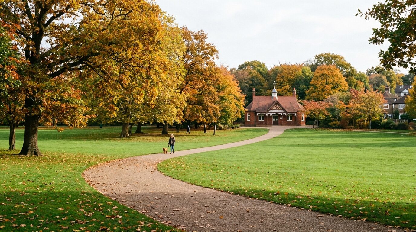Sunlight filtering through mature autumn trees across the rolling green lawns of Norbury Park in South London.