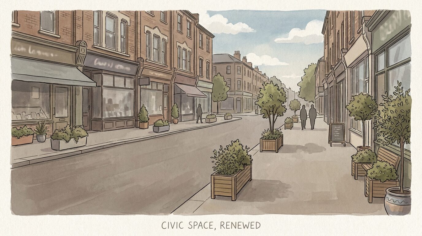 Editorial illustration of a South London shopping parade with resurfaced pavement and new greenery