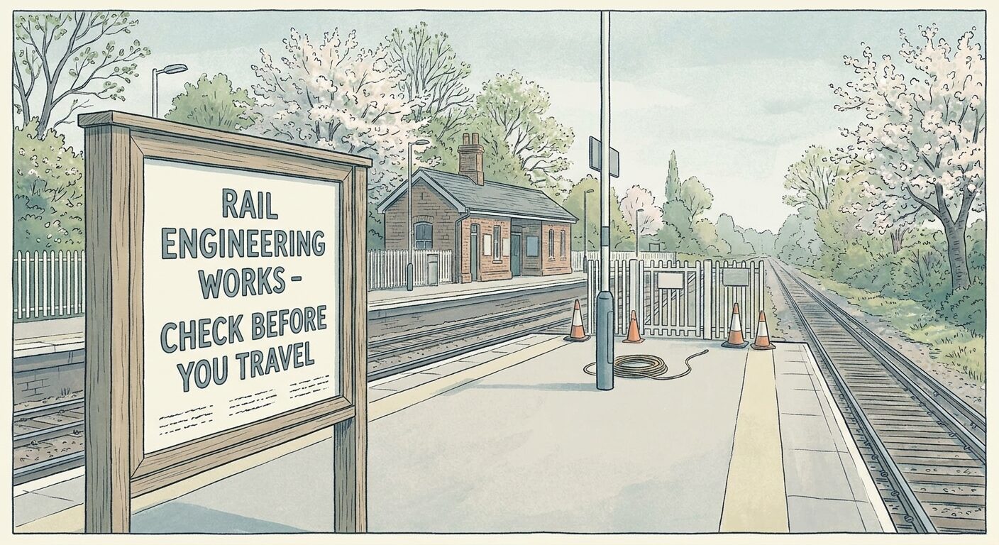 Editorial illustration of a quiet suburban railway platform with a check before you travel information board