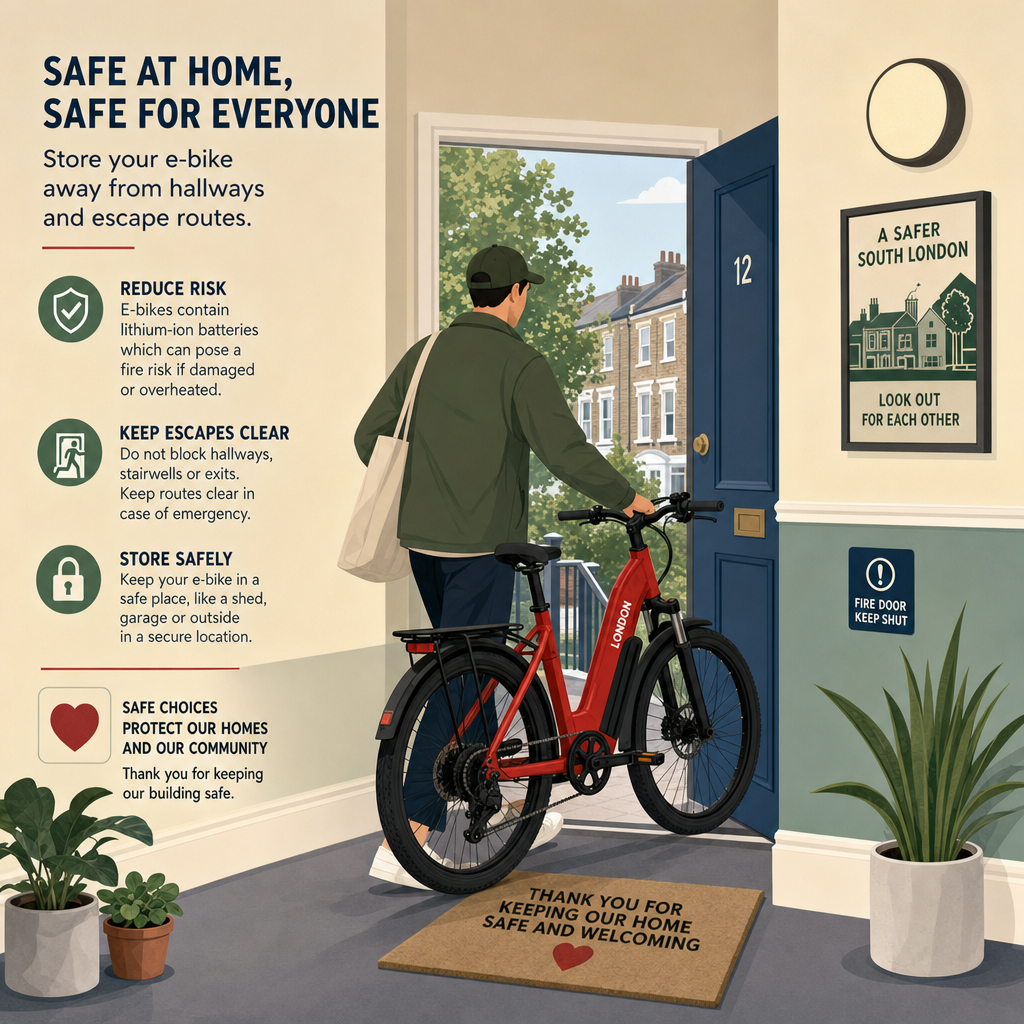 A red London e-bike being wheeled safely away from a residential South London flat hallway, flat vector style.