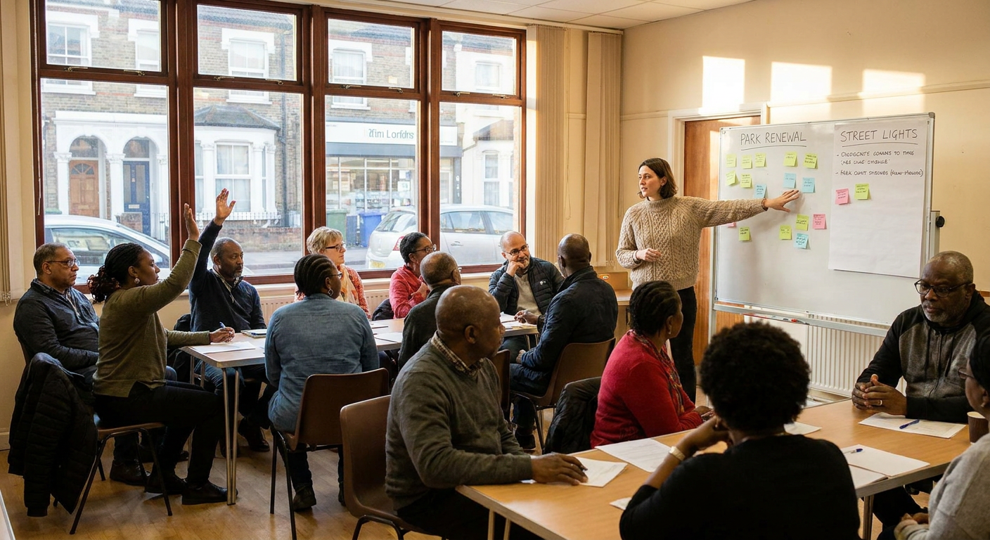 A community meeting in South London discussing local neighborhood improvements