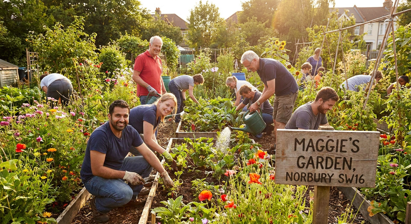 A lush, sunny community garden space in Norbury SW16 with vibrant flowers and greenery.