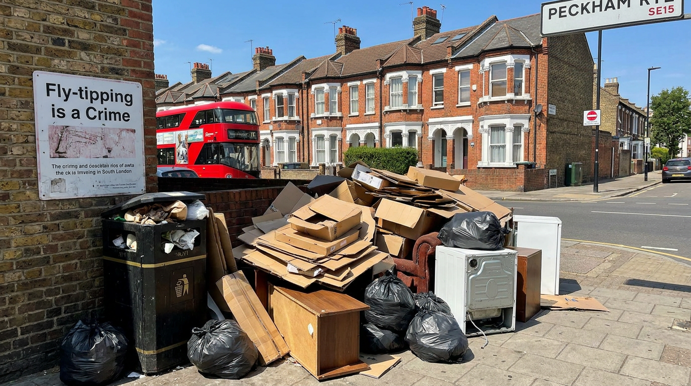A photo illustration showing a pile of discarded cardboard boxes and household waste left on a London street corner, awaiting collection.