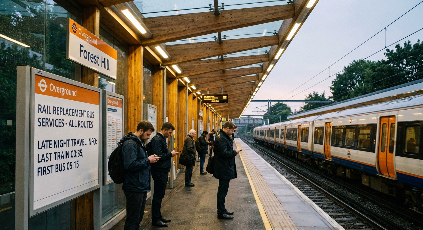 Late-night train platform showing suburban rail replacement and service notices under soft evening light.