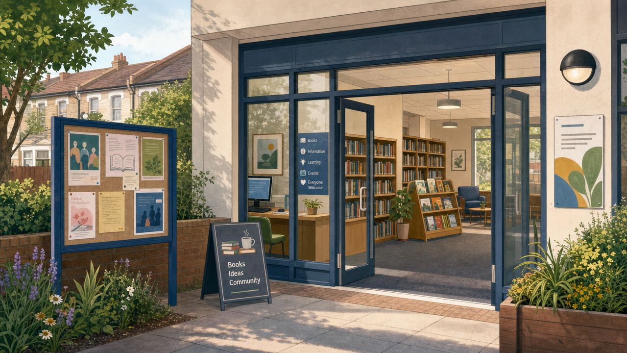 Editorial illustration of a welcoming public library with books, a computer terminal and a community noticeboard