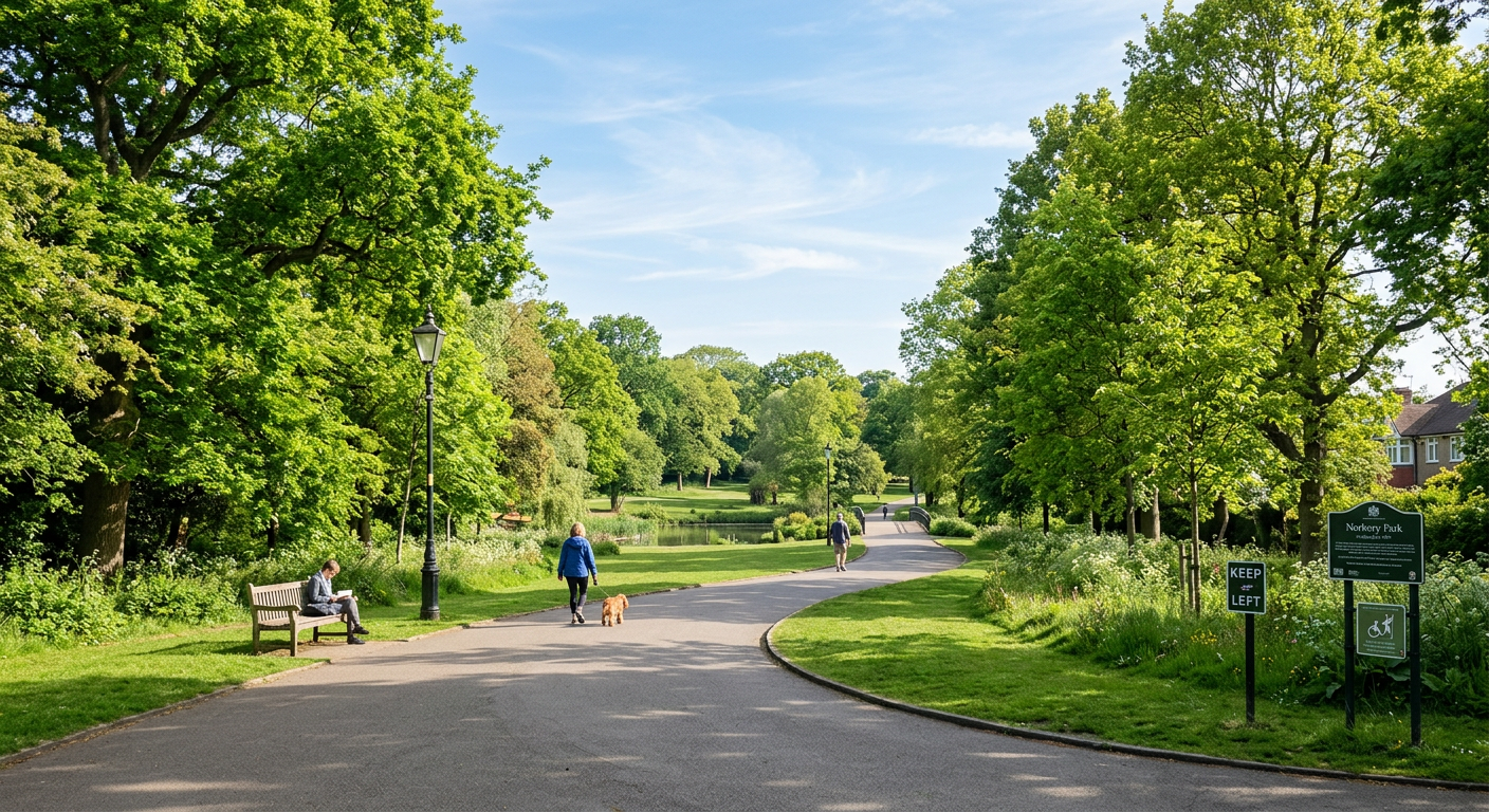 Vibrant green trees and sunny pathway in Norbury Park, South London
