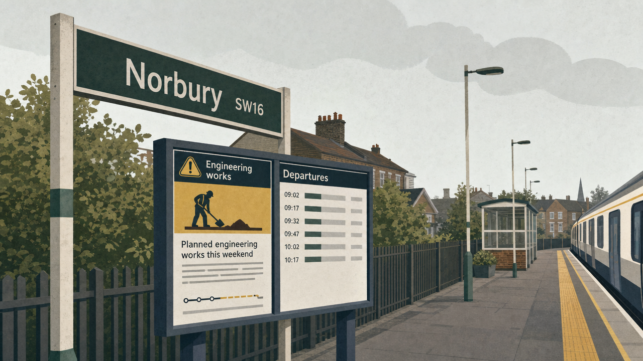 Editorial illustration of a suburban railway platform and timetable board for a local transport update