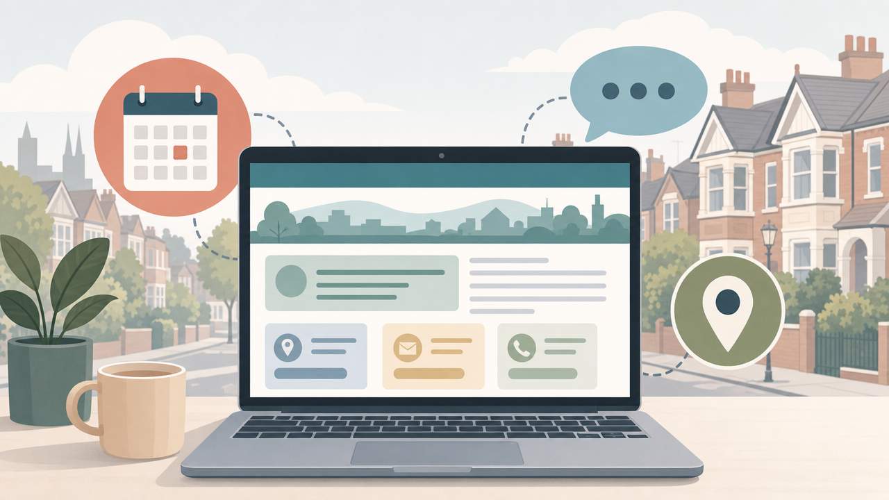 Editorial illustration of a laptop with abstract council contact icons, a calendar symbol, a speech bubble and a map pin