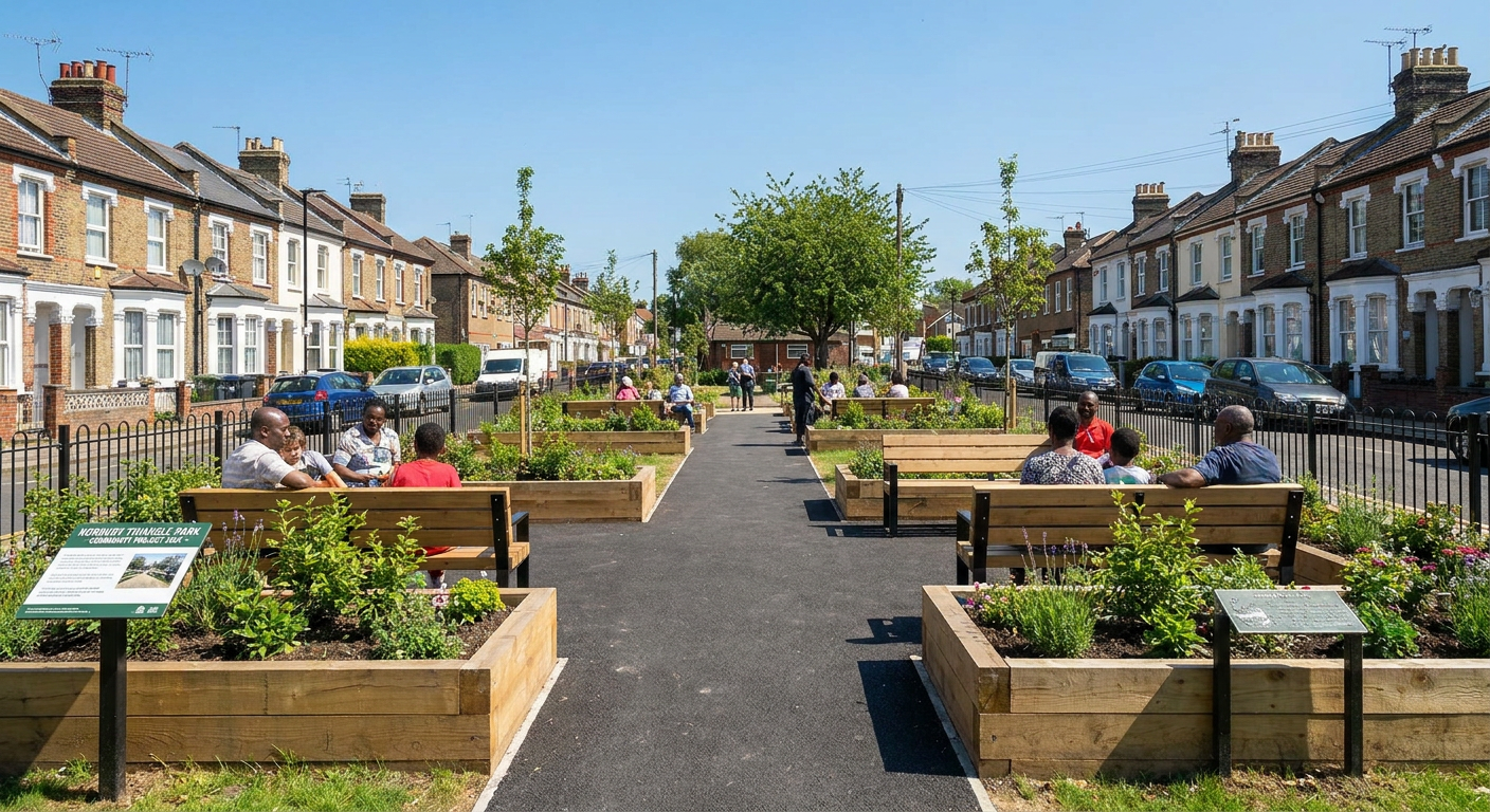 A quiet, newly landscaped triangular community pocket park in South London featuring green lawns, fresh seasonal plantings, clean paved pathways, and wooden benches under a clear sky.