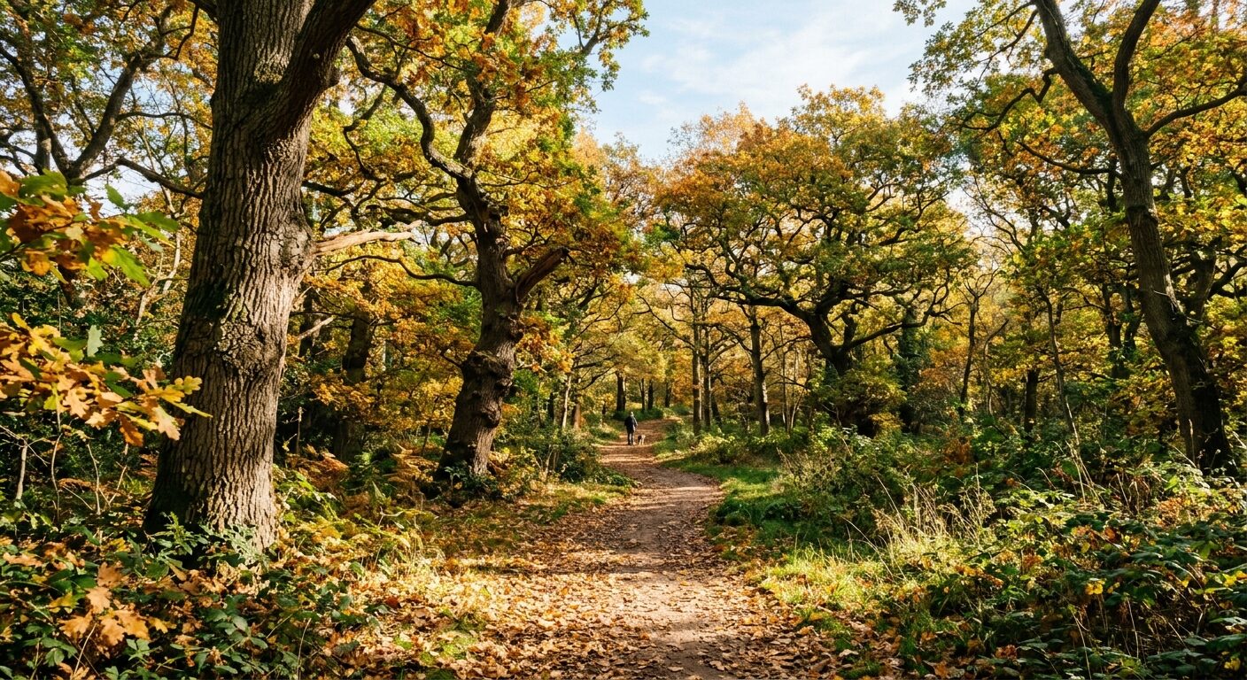 Dappled morning sunlight filtering through ancient oak trees onto a peaceful natural woodland walking path in Biggin Wood in South London.