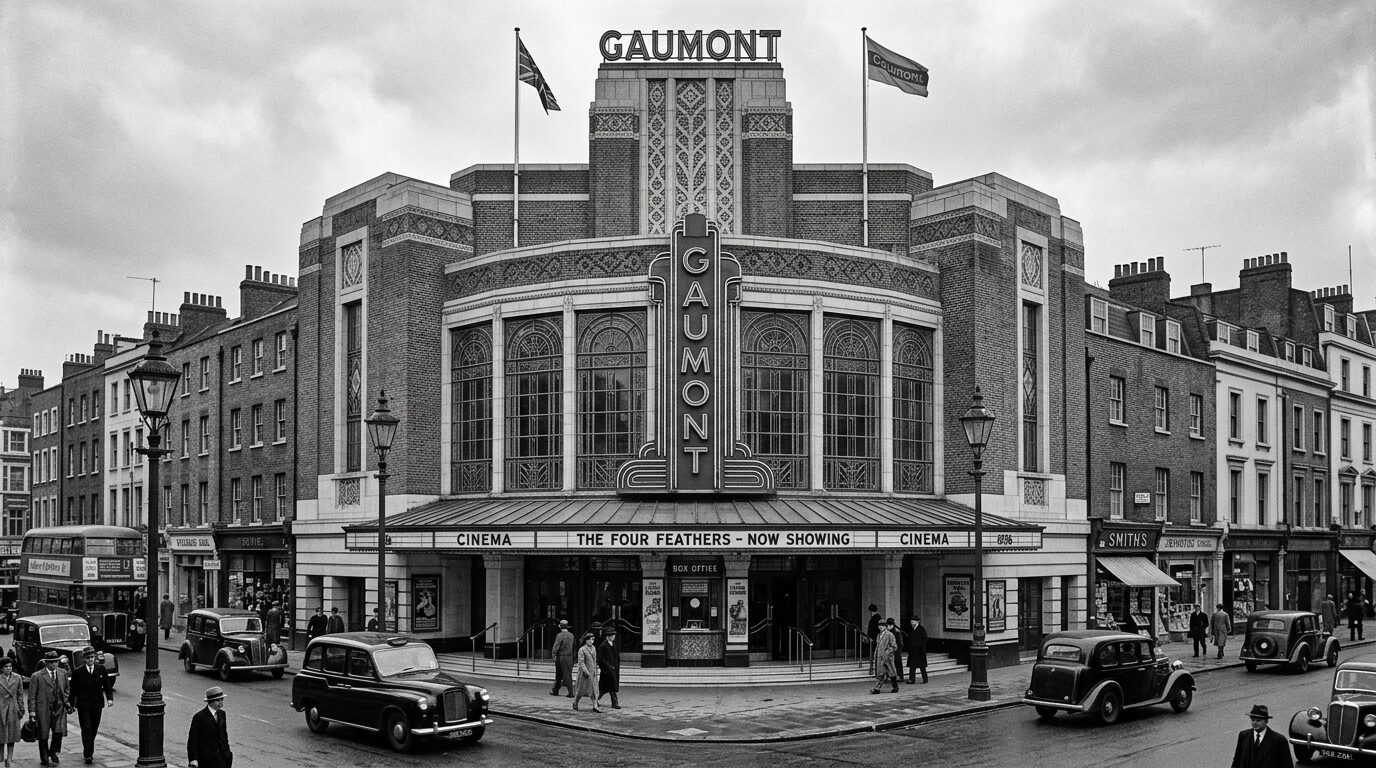 Art Deco inspired architectural view of a 1930s British cinema exterior on a London high street with tall windows and classic brick facade.