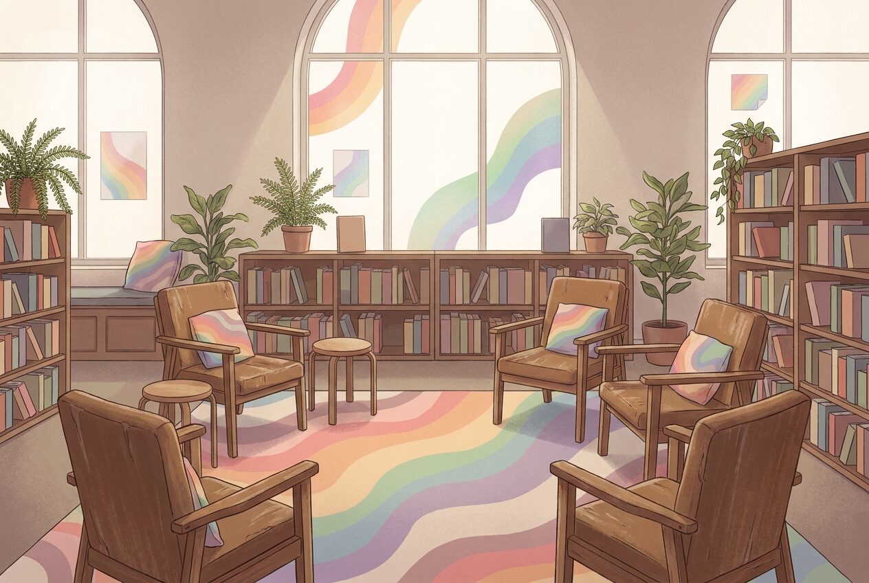 AI-generated editorial illustration of a quiet library community space with bookshelves, chairs and subtle rainbow colours