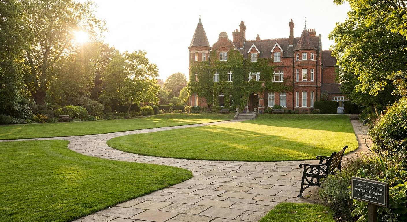 An elegant, historic English garden with manicured lawns and a grand Victorian mansion in the background, representing the historic Henry Tate Gardens in Streatham Common, South London.