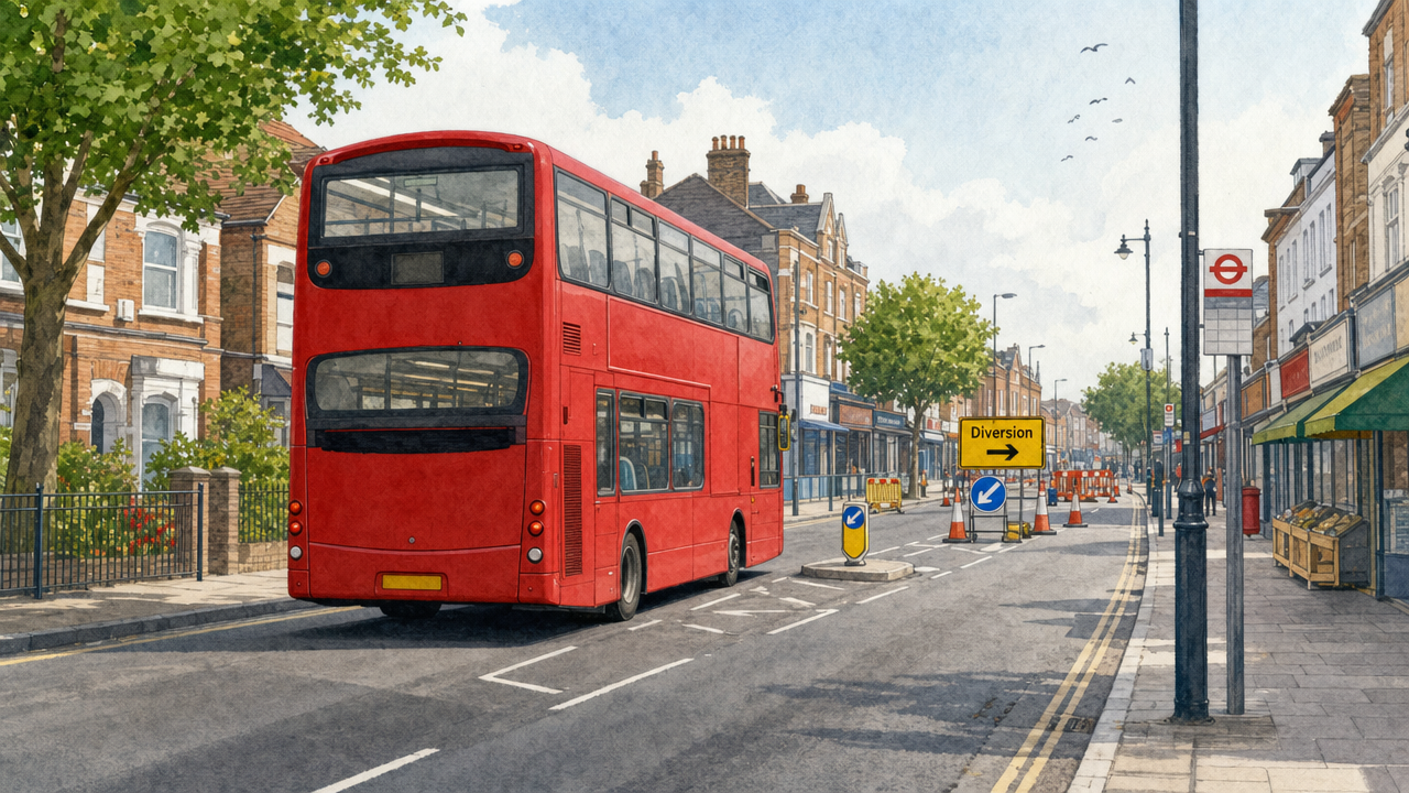 Editorial illustration of a red London bus on a generic South London high street with a roadworks diversion sign in the distance