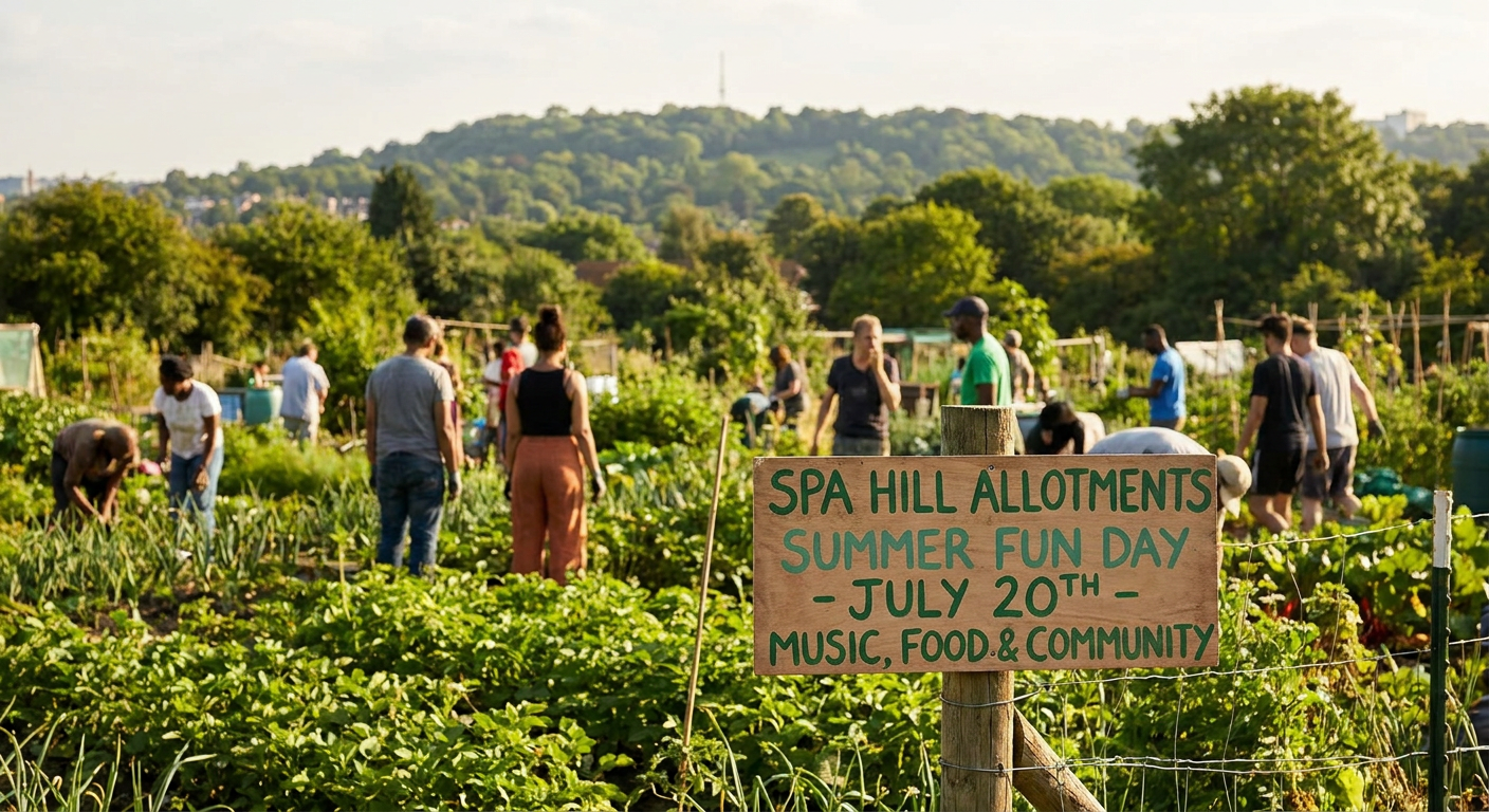 An editorial photo of the scenic Spa Hill Allotments in South London, showcasing vibrant green growing plots under a warm sun, with Crystal Palace Hill in the background.