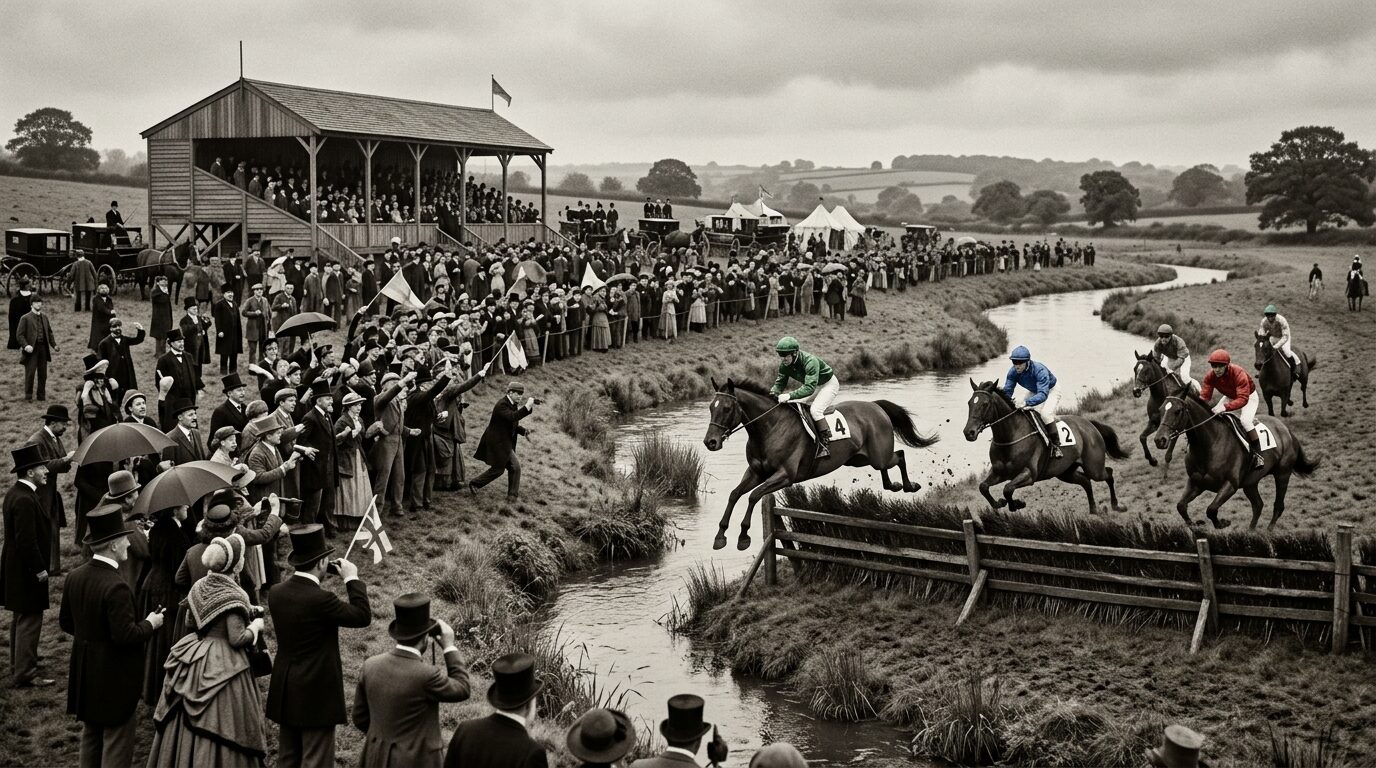 An atmospheric Victorian historical scene showing thoroughbred horses leaping a steeplechase water hurdle near an open timber grandstand in rural 1870s Norbury.