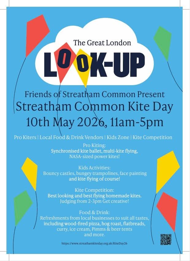 Poster for Streatham Common Kite Day 2026 showing event details and kite illustrations