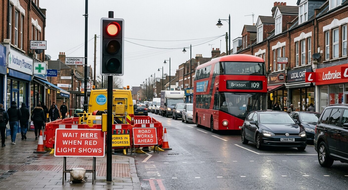 Temporary traffic signals and slow-moving traffic on London Road SW16 in Norbury due to water utility works.