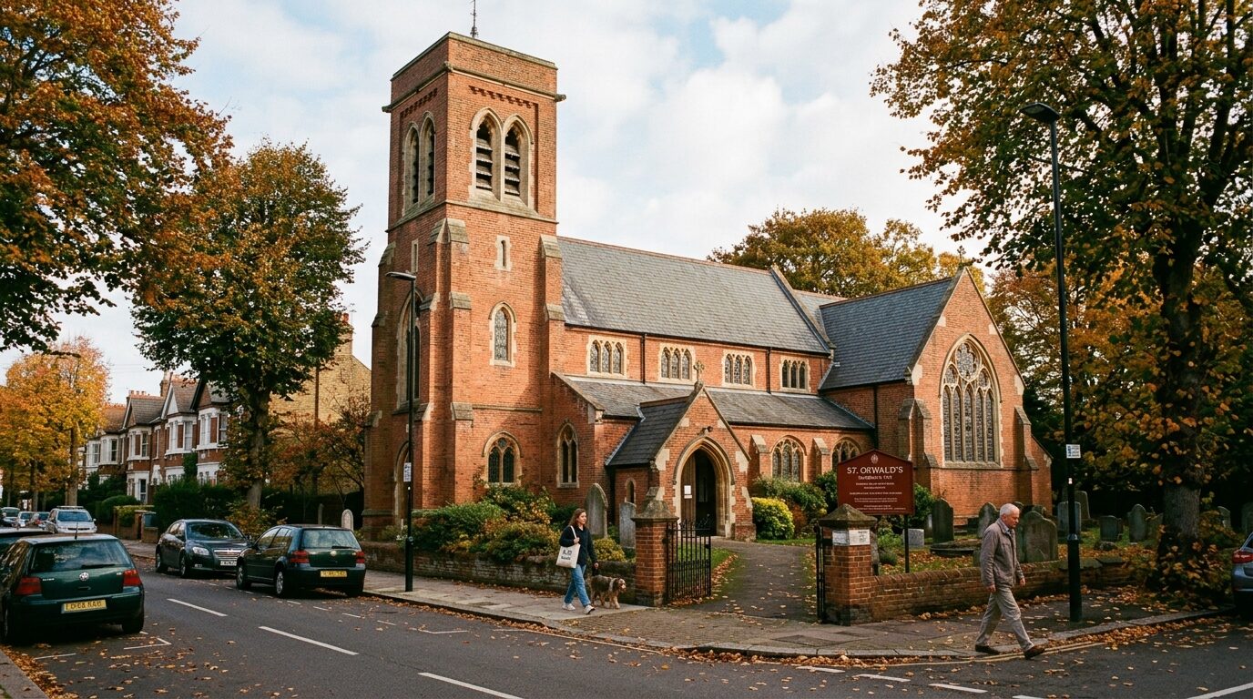 Exterior view of a red-brick Edwardian church framed by leafy autumn trees in Norbury SW16.