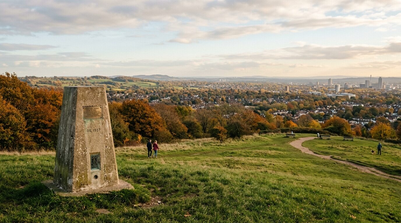 An Ordnance Survey concrete trig pillar standing on the grassy hilltop summit of Pollards Hill overlooking panoramic views across South London and the North Downs under gentle autumn sunlight.